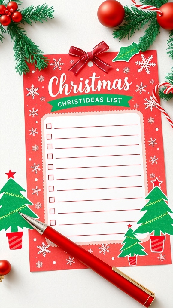 A colorful Christmas list decorated with festive elements like snowflakes and ornaments, with a pen beside it.